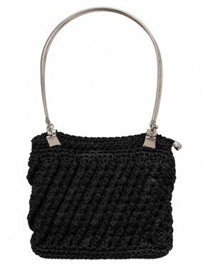 Black Braided Crochet Handbag Silver Metal Handles Evening Purse Like New